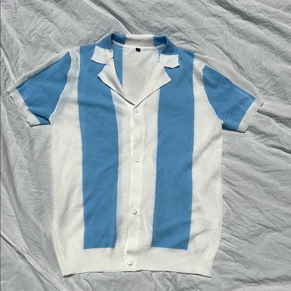 Other - NWOT Blue and White Striped Knit Vintage Style Short Sleeve Button Up Shirt